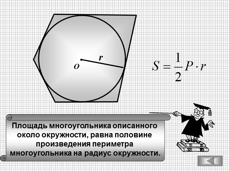 О r Площадь многоугольника описанного  около окружности, равна половине  произведения периметра 